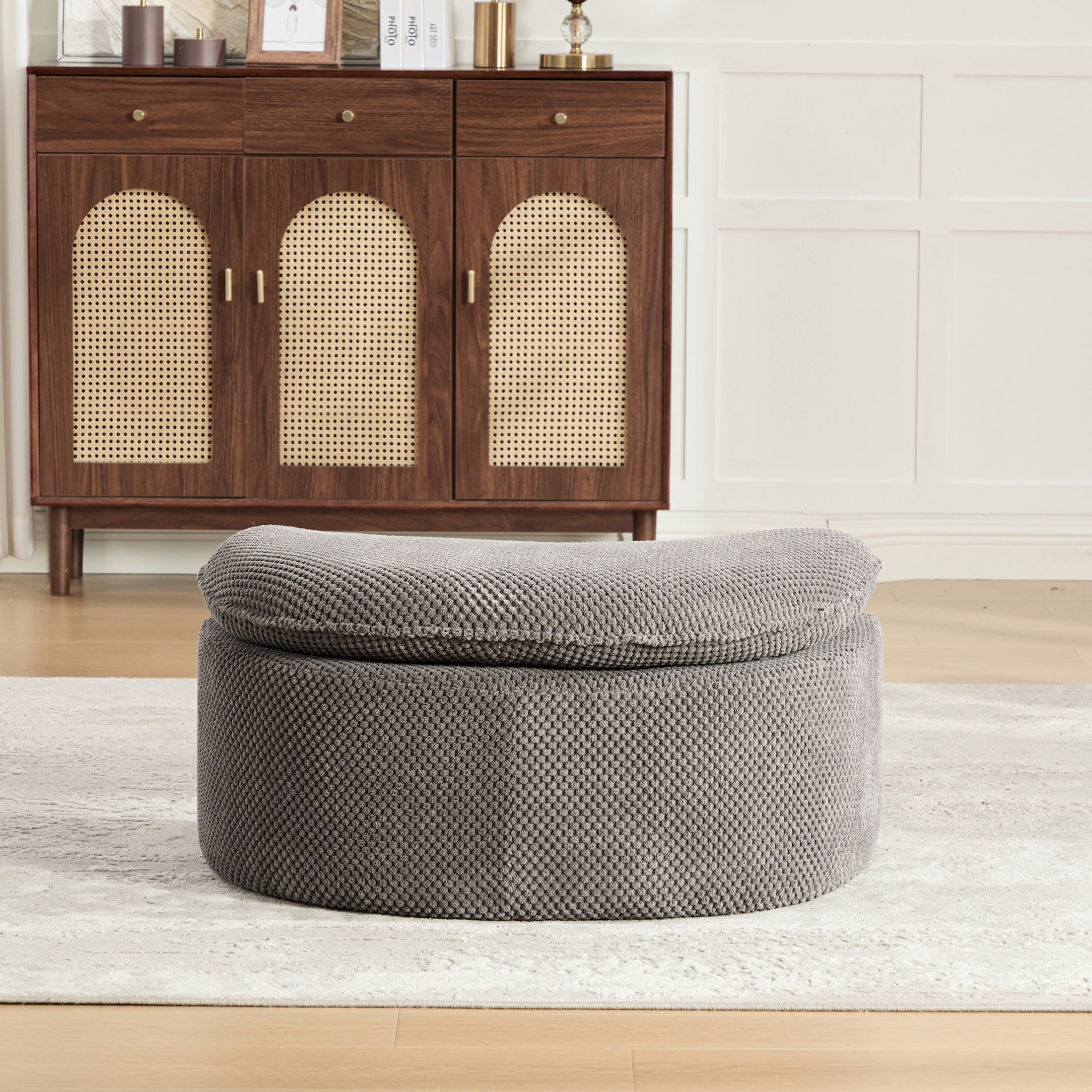 GDF Studio 34.45-Inch Moon-Shaped Footstool Ottoman with Pineapple Lattice Fabric, Gray