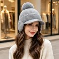 thumbnail image 4 of Fleece Beanie Hats with Earflaps Visor Brim Winter Knit Ski Cap Winter Hats for Women Pom Pom Ball Gray One Size, 4 of 5