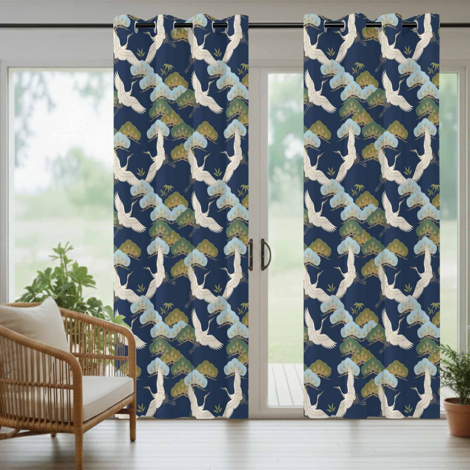 Flying Cranes Outdoor Curtains for Patio, Gold Pine Branches Navy Blue Background Sunshade Privacy Drapes Grommet Waterproof Outside Curtains for Porch/Cabana/Balcony 54"x 108", 1 Panel