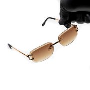Men's Brown Gradient Tint Rimless Hand Carved Diamond Cut Gold Frame Sunglasses