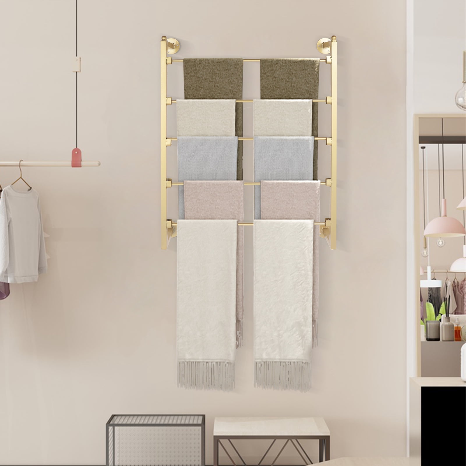 Miumaeov Gold Scarf Display Stand 5-Tier Metal Belt Hanger Tie Rack Wall Mounted Sturdy