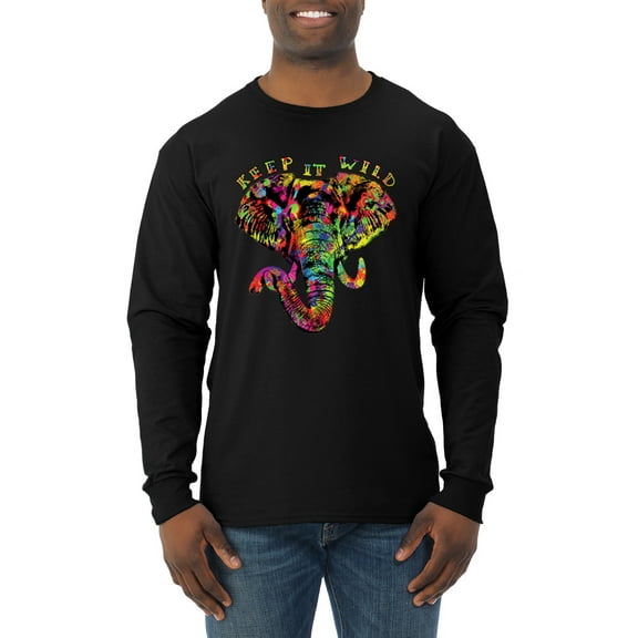 Wild Bobby, Keep It Wild Colorful Elephant Face Animal Lover Mens Long Sleeve Shirt, Black, Small
