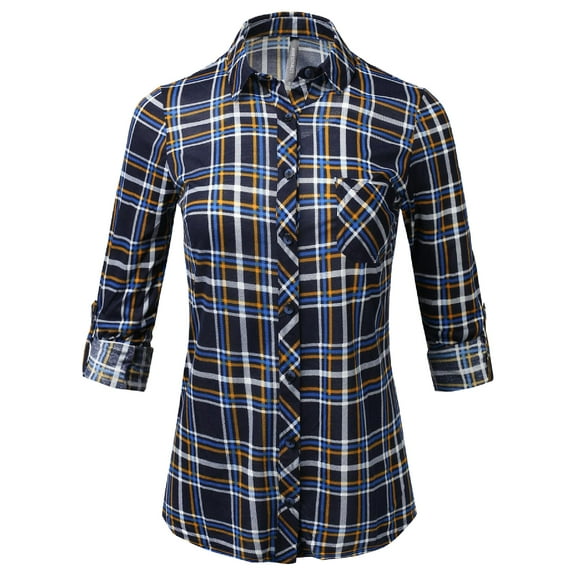 FashionOutfit Women's Casual Lightweight Roll Up Long Sleeve Checker Button Down Shirt