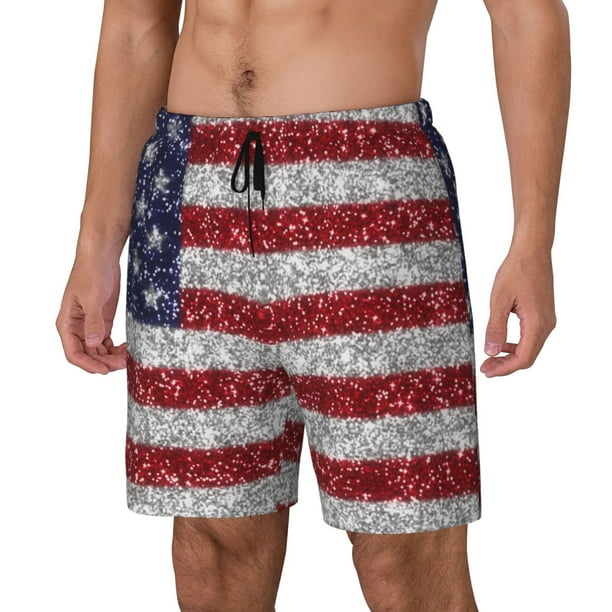 Balery America Flag Glitter Bañador para hombre, shorts de playa de secado rápido con entrepierna y forro de compresión-Large