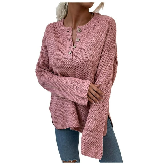 IROINNID Womens Sweater Round Neckline Pullover Sweater Solid Color Casual Mid-Length Long Sleeve Tops Blouse