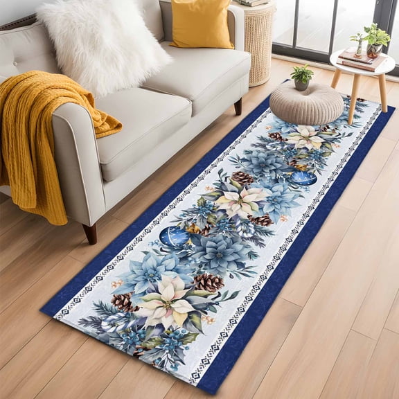 Navy Blue Christmas 2'x6' Runner Rugs for Hallway Kitchen Bedside Non Slip Washable, Poinsettia Xmas Ball Berry Winter Entryway Rug Runners with Rubber Backing, Long Carpet Runner for Laundry Room