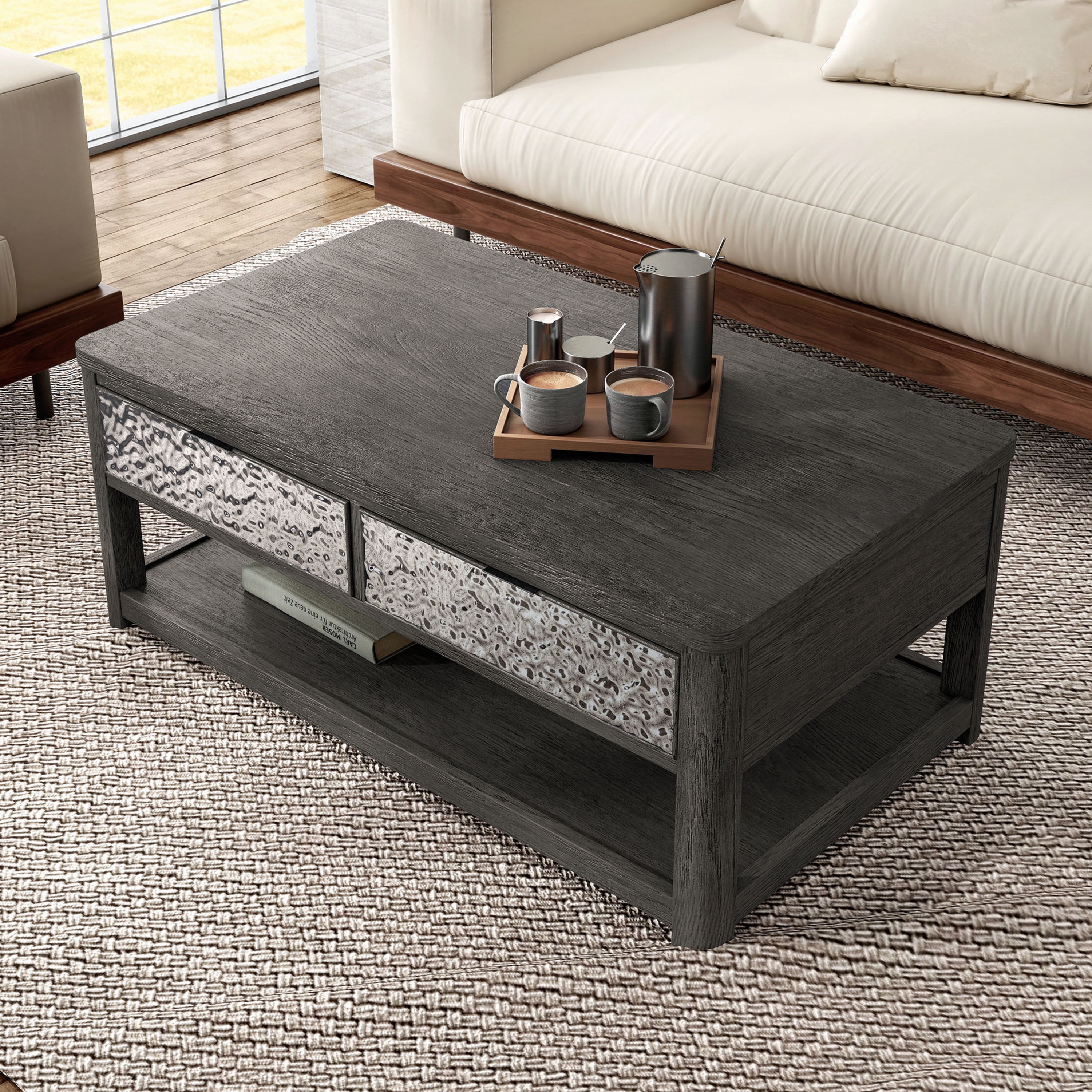 Furniture of America Cheri Modern Solid Wood Coffee Table with 2-Drawer and Casters, Ash Gray