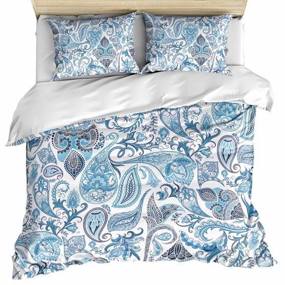 Blue Paisley Bedding 3 Piece Duvet Cover Set California King, Ethnic Abstract Art Vintage Soft Microfiber Comforter Cover with Zipper Closure & Pillowcases, Wrinkle & FadeResistant Quilt Cover