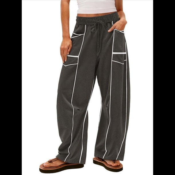 Pantalones de Mujer Holgados de Pierna , Estilo Palazzo, Informales, con Cordón en la Cintura y Bolsillos. Gris Oscuro L