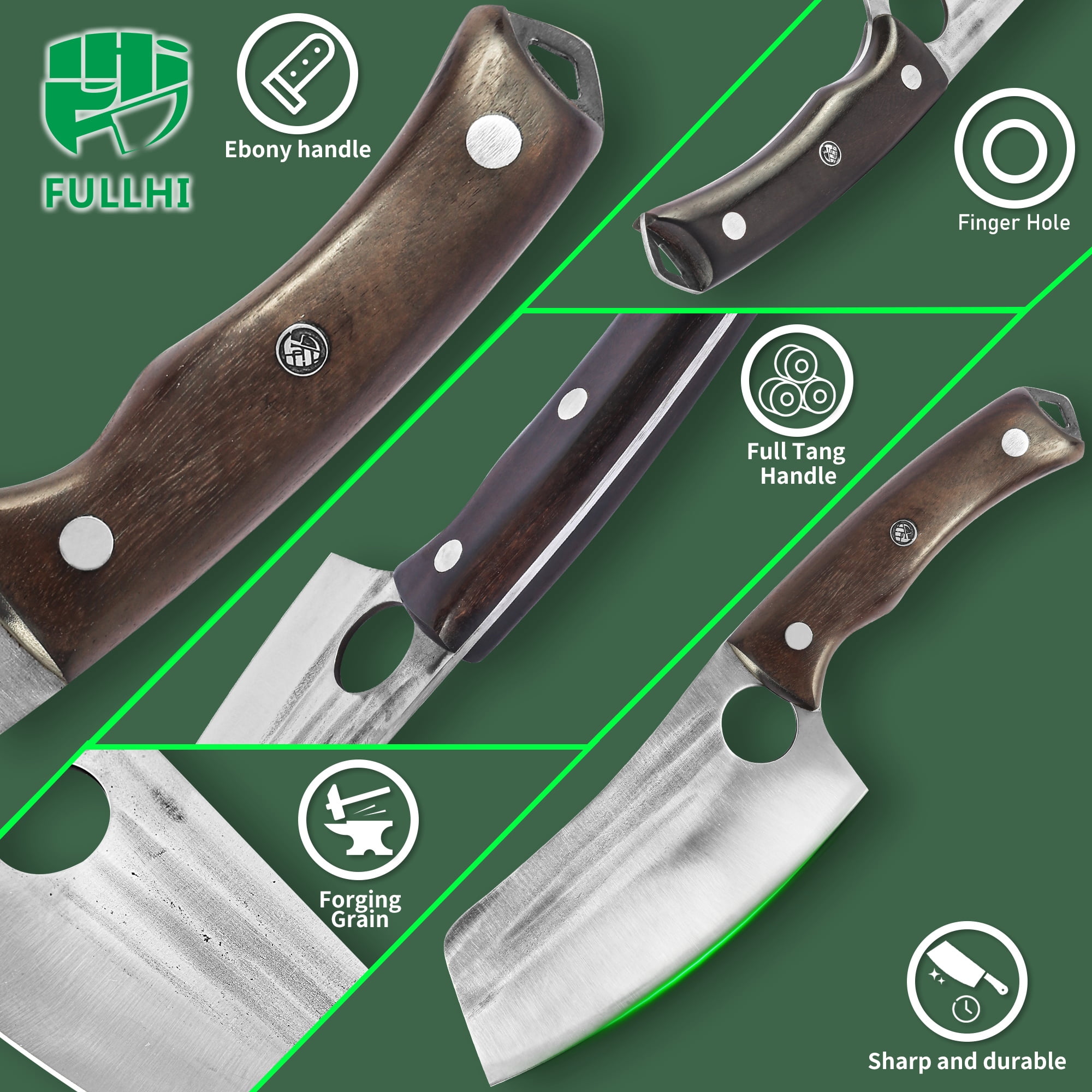  FULLHI Portable 14pcs Butcher knife set green woodhandle with  knifebag Hand Forged chef knife Boning Knife High Carbon Steel viking Knife  set For Kitchen, Camping, BBQ : Home & Kitchen