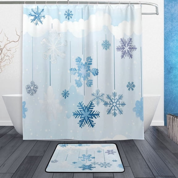 Bath Curtain & Non-Slip Bath Mat Set 12-Grommet Shower Curtain Memory Foam Bath Rug Hanging Snowflakes