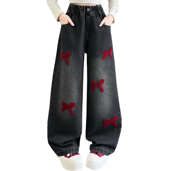Otqutp Baggy Bow Jeans For Girls Wide Leg High Rise Denim Pants With Pockets Fashion Y2k Clothes Cute Casual Outfits KIds Bottoms