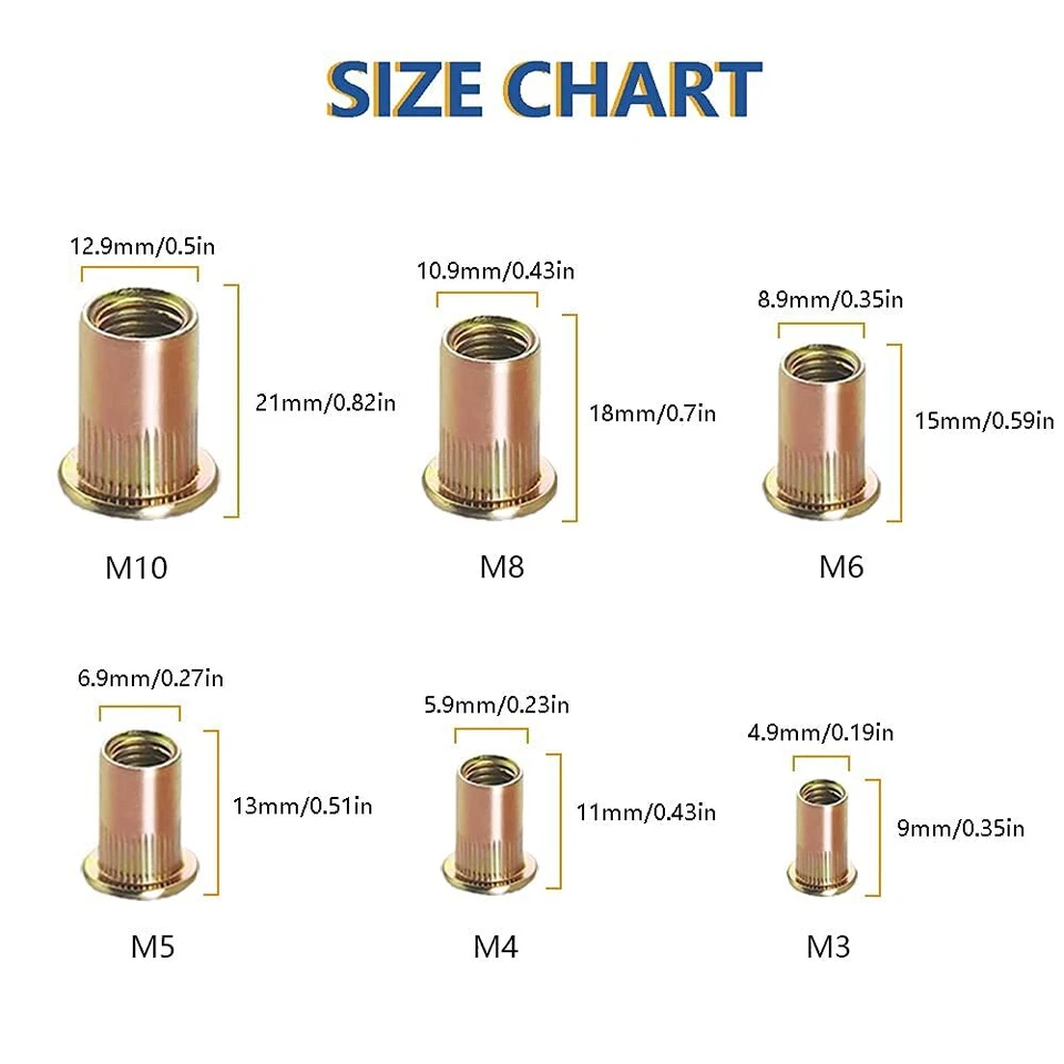 PRIME - 100Pcs -Rivet Nuts, M5 Carbon Steel Metric Rivet Nut Assortment Kit Flat Head