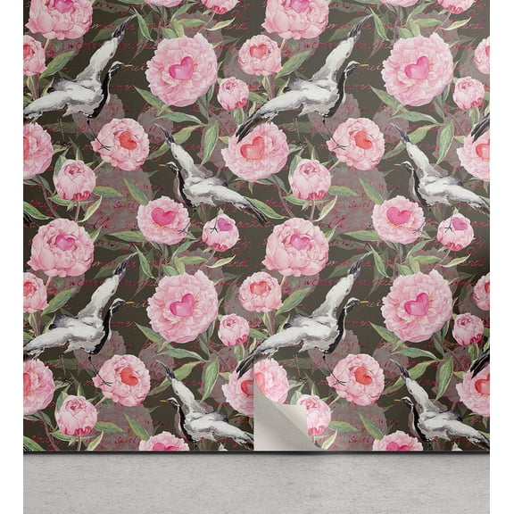 Ambesonne Love Peel & Stick Wallpaper for Home, Peonies Hearts Crane Birds, 13"x36", Pastel Pink and Olive Green