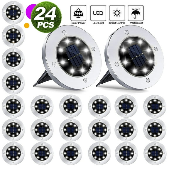 Solar Lights Outdoor 24Pack, IP68 Waterproof LED Solar Powered Ground Lights Decorative Outdoor Disk Lights, Solar Garden Lights for Patio Lawn Pathway Path Yard Landscape Driveway Backyard White