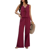 Womens 2 Piece Outfits V Neck Tie Waist Vest and Wide Leg Casual Pants Sets Deep Wine Red XL