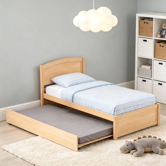 Guqiart Twin Size Trundle Bed Frame, Solid Wood Construction with Headboard, Roll Out Trundle & Wood Slat Support, Single Platform Bed No Box Spring Needed
