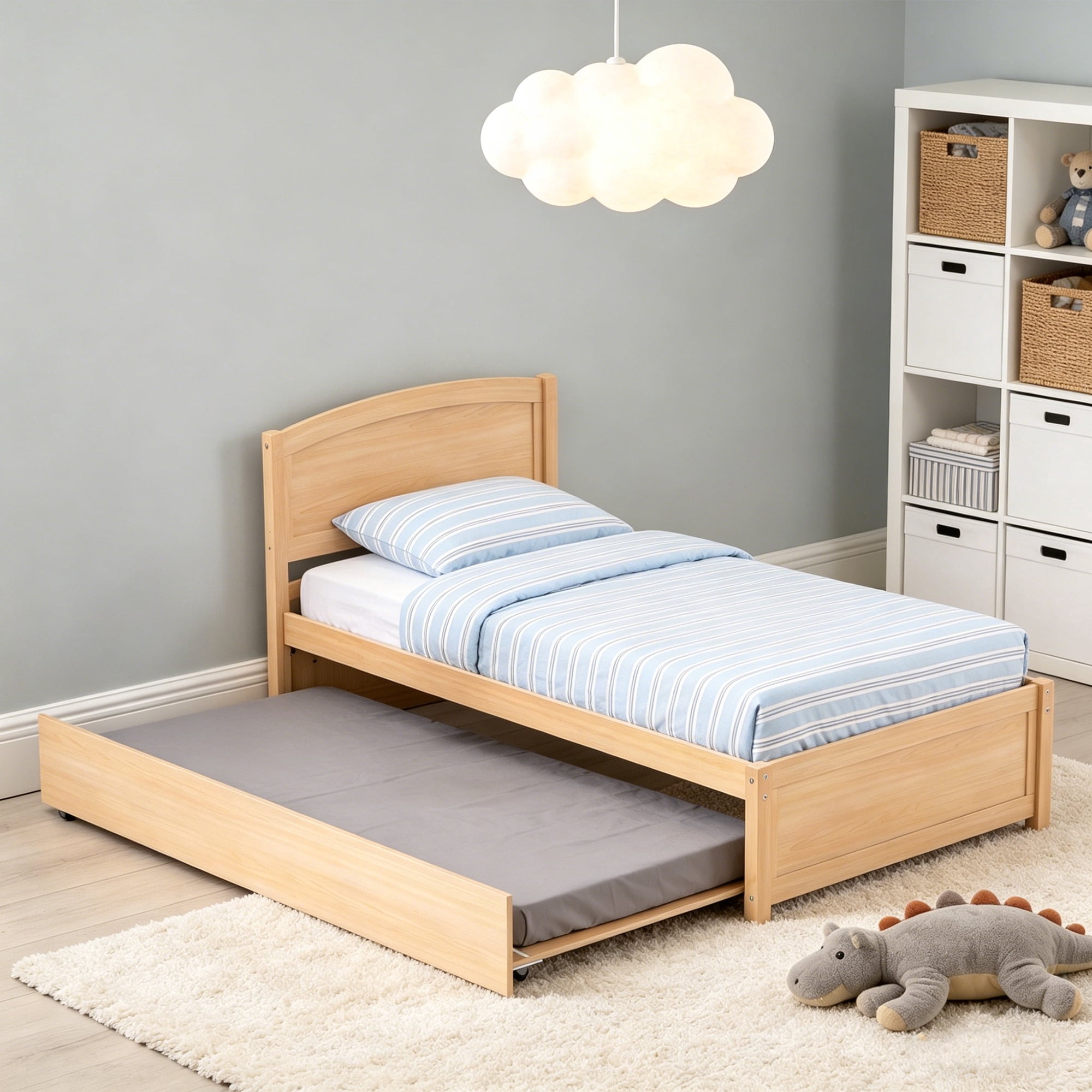 Guqiart Twin Size Trundle Bed Frame, Solid Wood Construction with Headboard, Roll Out Trundle & Wood Slat Support, Single Platform Bed No Box Spring Needed