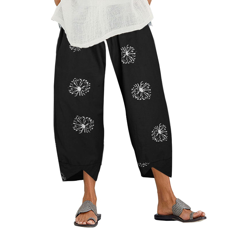 ZANZEA Women Elastic Waist Floral Trousers Loose Vintage Cropped Pants ...