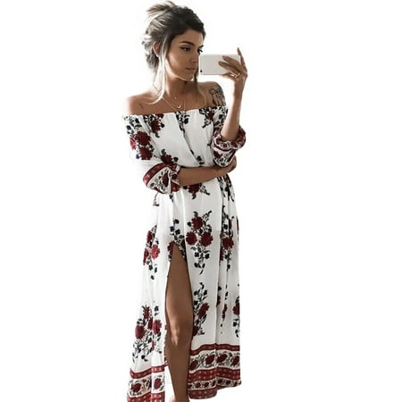 - Women Off Shoulder Floral Evening Party Split Maxi Dress