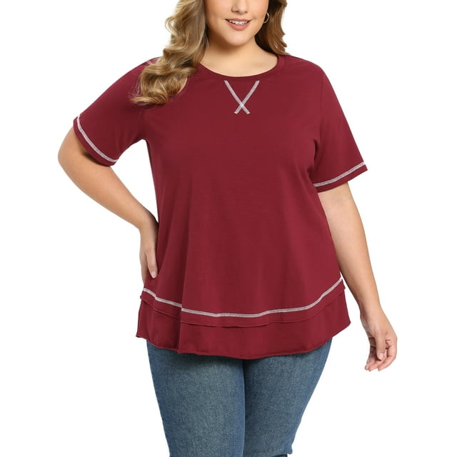 GRACE & GRANDEUR Camisetas de Verano para Mujeres de Talla Grande, de Manga Corta, Cuello Redondo, Blusas Sueltas de Punto 1X Burdeos