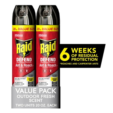 Raid Defend Ant & Roach Killer, Indoor Insecticide, Residual Killing Power, Fragrance Free, 20 oz, 2 Count