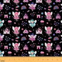 Feelyou Princess Fairy Fabric by the Yard 10 Yards for Kids, Castle Stars Rainbow Room Decor Fabric by the Yard, Black Pink Cartoon Fabric for Sewing, Luxury Bedroom Decor