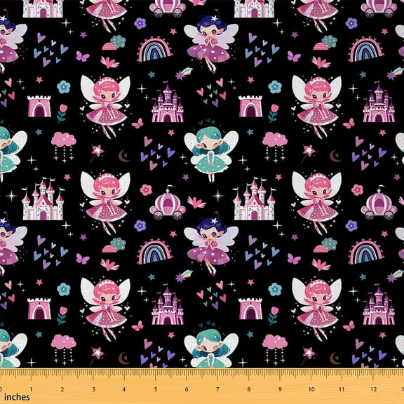 Feelyou Princess Fairy Fabric by the Yard 2 Yards for Kids, Castle Stars Rainbow Room Decor Fabric by the Yard, Black Pink Cartoon Fabric for Sewing, Luxury Bedroom Decor