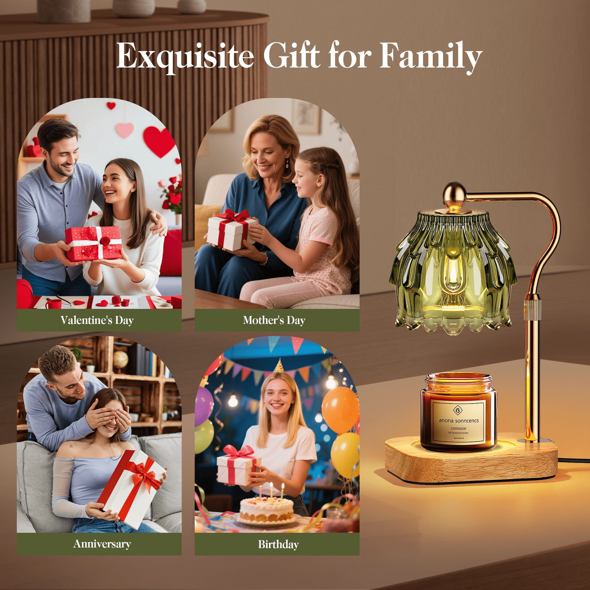 Candle Warmer Lamp with Timer Dimmer, Modern Wax Warmer for Scented Wax Jar Candle Warmer with 2 Bulbs, Adjustable Height Glass Lamp for Gifts,House Warming Gifts, Home Decor, Gold Green