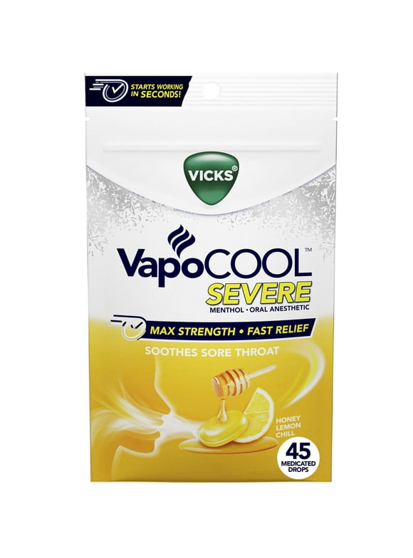 Vicks Vapocool Severe Medicated Sore Throat Drops, Menthol, over-the-counter Medicine, Lemon, 45 Ct