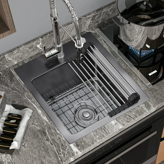 Dextrus 15" Black Stainless Steel Kitchen Sink Single Bowls Drop-in Sink with Sink Protector Accessories