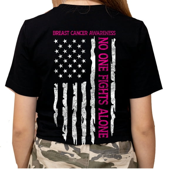 Womens Breast Cancer Awareness Breast Cancer No One Fights Alone Patriotic Flag Short Sleeve T-shirt-Black-small