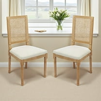 Hassch Farmhouse Dining Chairs Set of 2, French Country Accent Kitchen Side Chairs with Rattan Backrest, Linen Padded Seat, and Carved Solid Wood Frame, 300 lbs Weight Capacity (Gray)