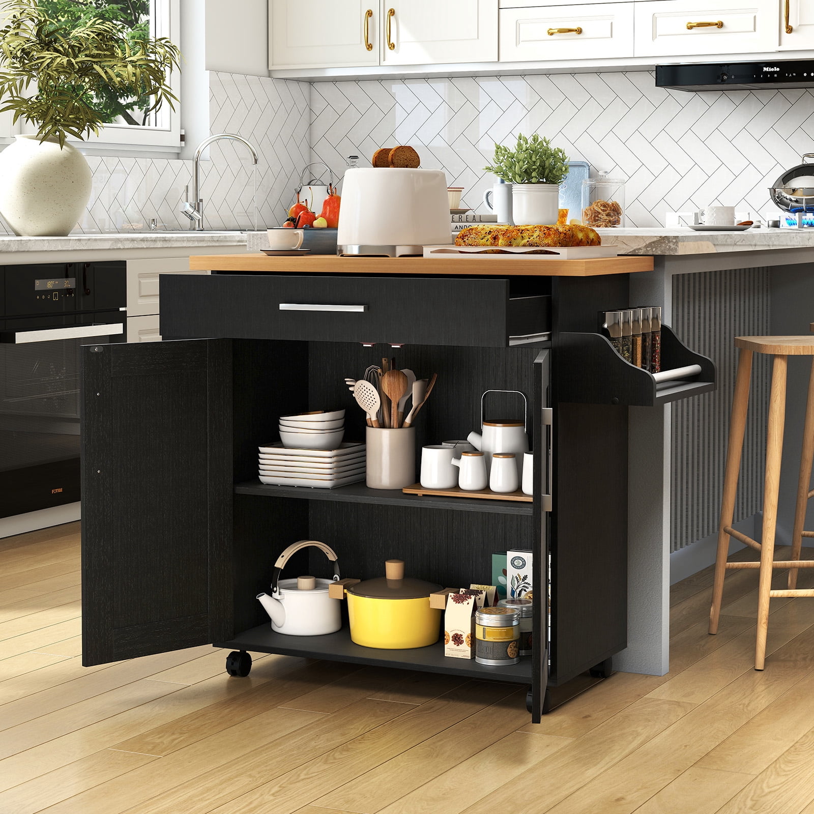 Giantex Kitchen Island Cart with Storage Cabinet on Wheels, Spice Rack Towel Rack & Drawer, Black