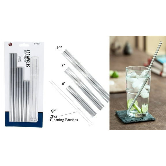 14 Pc Stainless Steel Straw Set, Consists -4 Pcs Each 10",8" & 6" Straws/2Pcs 9" Cleaning Brushes