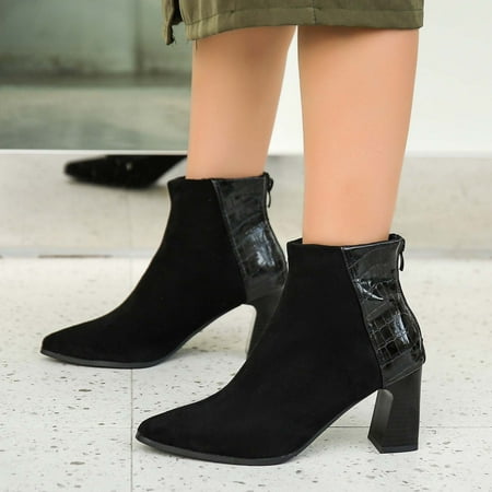 

LnjYIGJ Women s Middle Ankle Boots Women s Winter Flock Splicing Boots Chunky Heel High-Heels Pointed Toe Short Boots