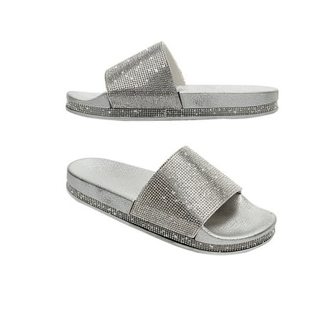 

〖Yilirongyumm〗 Silver 39 Sandals Women Beauty Diamond Slippers Women Thick Flip-Flops Bottom Sandals Rhinestones Casual Women s Sandals