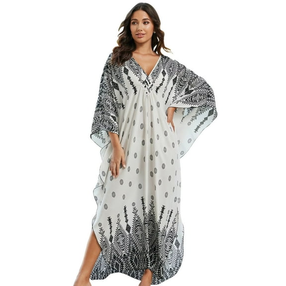 Edolynsa Elegant Caftan Cover ups for Swimwear Women Plus Size Kaftan Tunic Beach Maxi Dresses Flowy Vacation Wear Casual Housewear