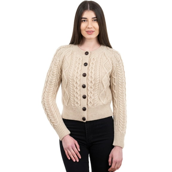SAOL Aran 100% Merino Wool Cable Knit Cardigan Sweater Women's Button Up Jacket Made in Ireland