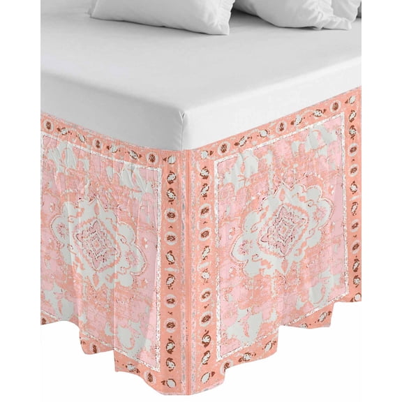 Pink Boho Wrap Around Bed Skirts for King Bed 16" Drop,Bed Skirt with Adjustable Elastic Belt Dust Ruffle Bed Valance for Bedroom Hotel Vintage Abstract Tribal Decorative Oriental Bed Frame Cover
