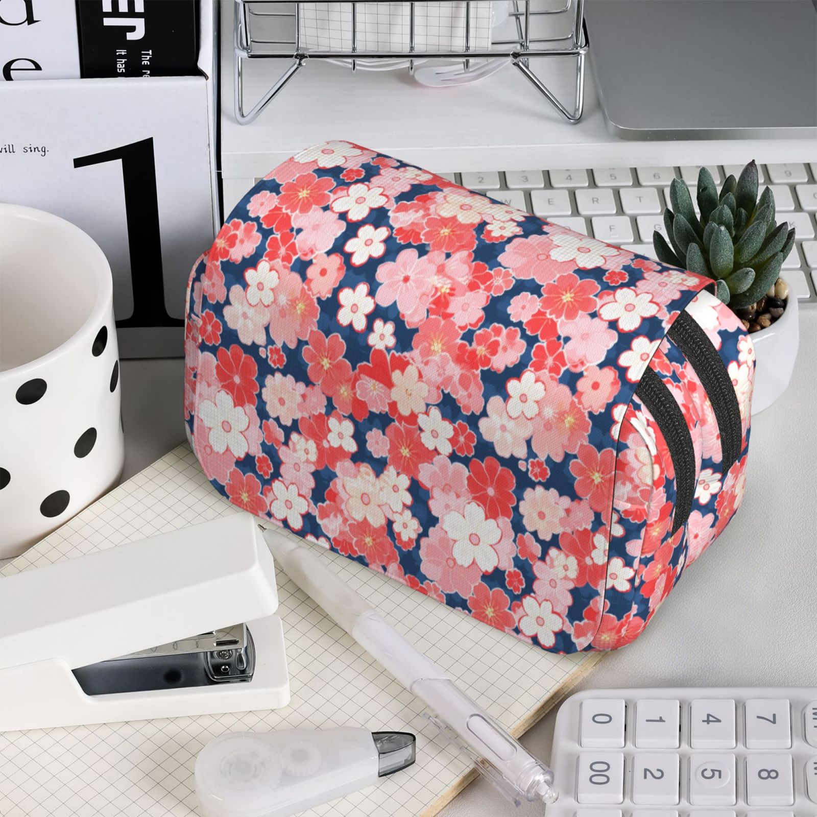 Rateoe Japanese Cherry Blossoms Pattern Double Clamshell Pen Case, Storage Organizer with Two Zipper Compartments– Holds Up to 50 Pencils & Pens