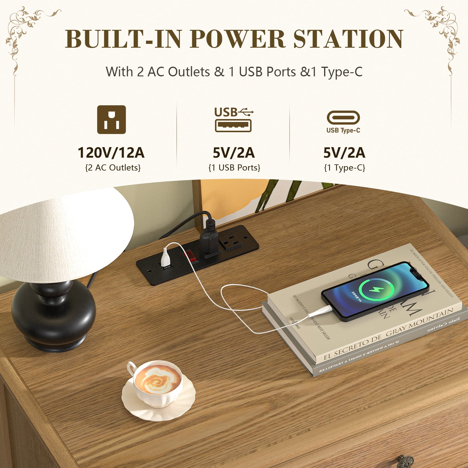Gacfiew Solid Wood Nightstand with 3 Drawers and Power Outlet, Tall Bedside Cabinet 16.8" D x 27.6" W x 26.8" H, Single Unit for Bedroom, Teak