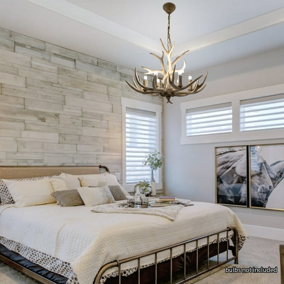 Antlers Chandelier, Pendant Light 6 Antlers Retro Country Style Deer Horn Chandelier Lighting with E12 Base, Antler Lamp Height Adjustable for Cafes, Bars, Kitchen