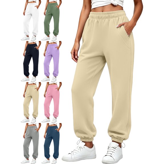 Women's Casual Jogger Sweatpants Elastic Waist Loose Fit Ribbed Cuffed Ankle Athletic Workout Lounge Fall Winter Everyday Pants with Pockets