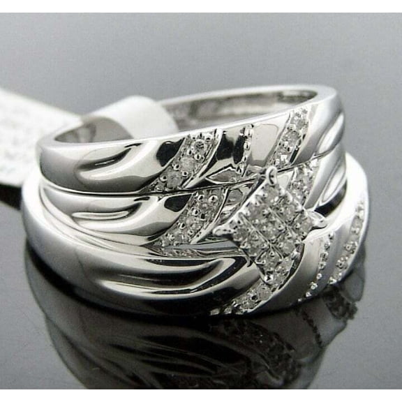 TAAPSEE JEWELS 14K White Gold Finish Engagement Wedding His / Her Trio Ring Set 0.12Ct CZ
