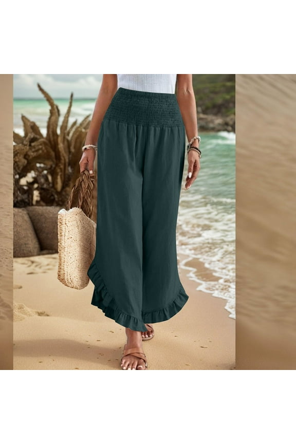Women Cotton Linen Pants Summer Wide Leg Pants Smocked Waist Ruffle Hem Pant Vacation Boho Flowy Beach Pant Dark Green M