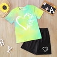 thumbnail image 2 of larppty Kids Girl Clothes Tie Dye Heart Print Short Sleeve Top and Shorts Toddler Girl Summer Outfits Short Set（Mint Green， 5-6 Years）, 2 of 3