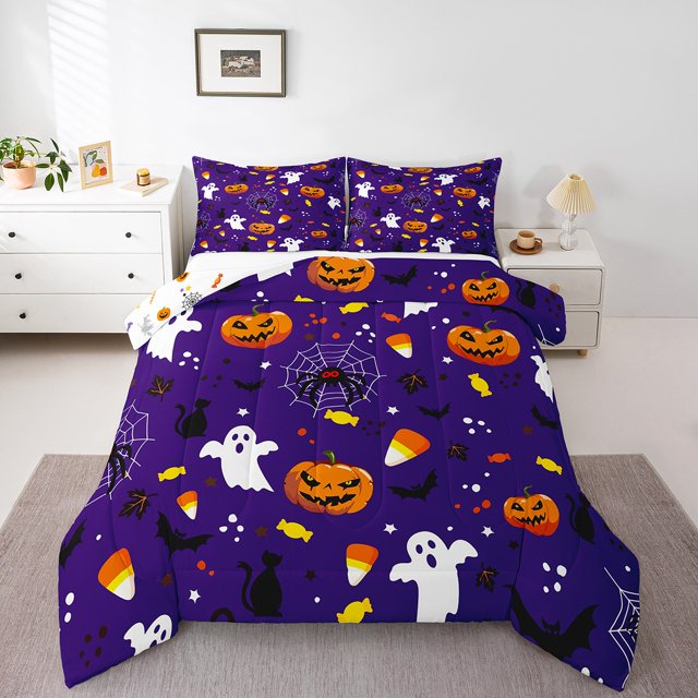 YST Halloween Comforter Set, King Size, Spooky Ghost Bat Candies Print, Purple