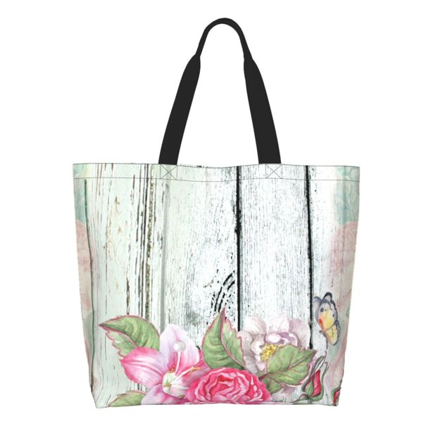 Balery Vintage Wood with Floral Bolsa Tote Estilo Estético con Cremalleras, Bolsa de Hombro, Bolsa de Compras Grande y Plegable