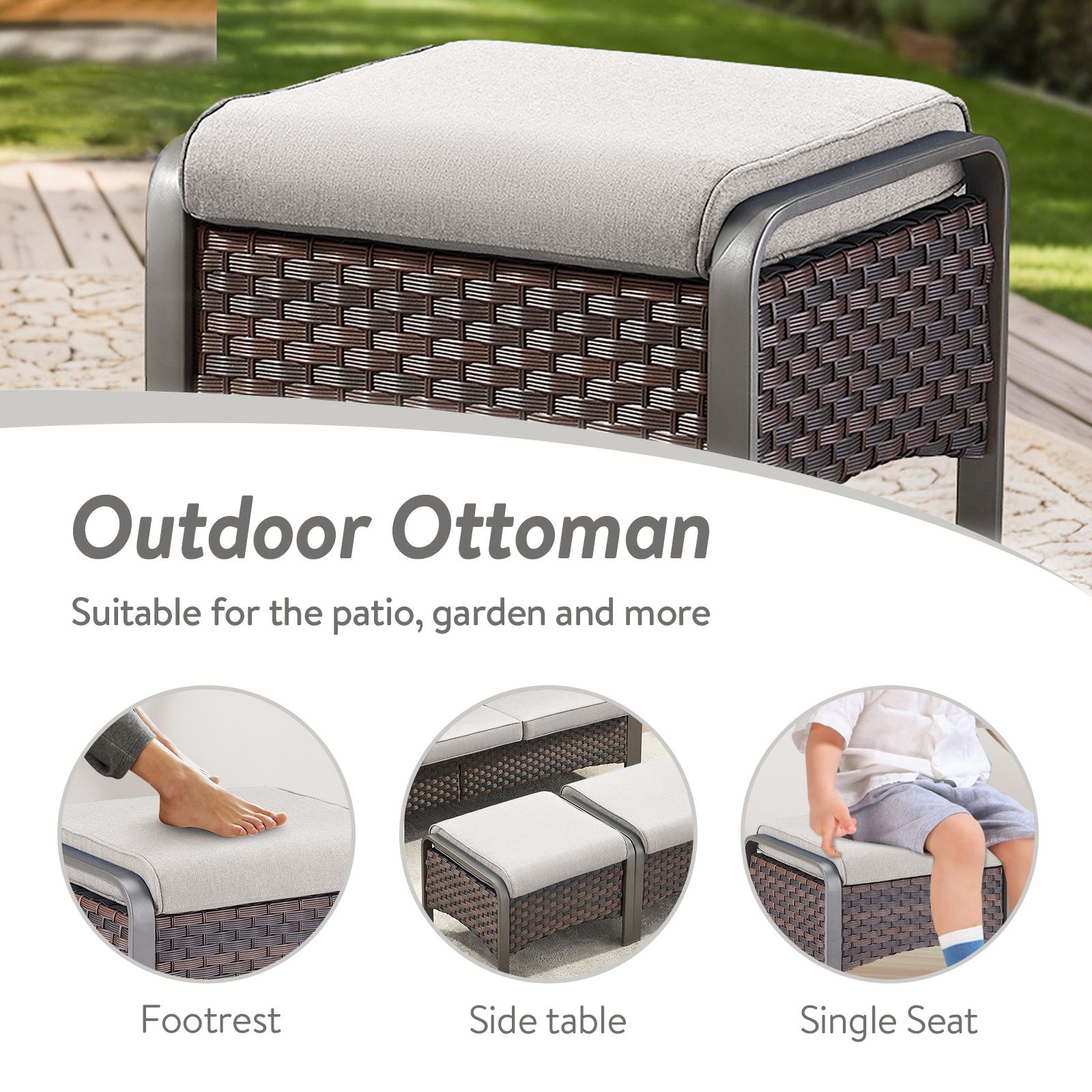 OPOHORO 4-Piece Patio Conversation Set with 2 Swivel Rocking Chairs and 2 Ottomans, PE Wicker Outdoor Furniture with Beige Cushions for Porch or Backyard